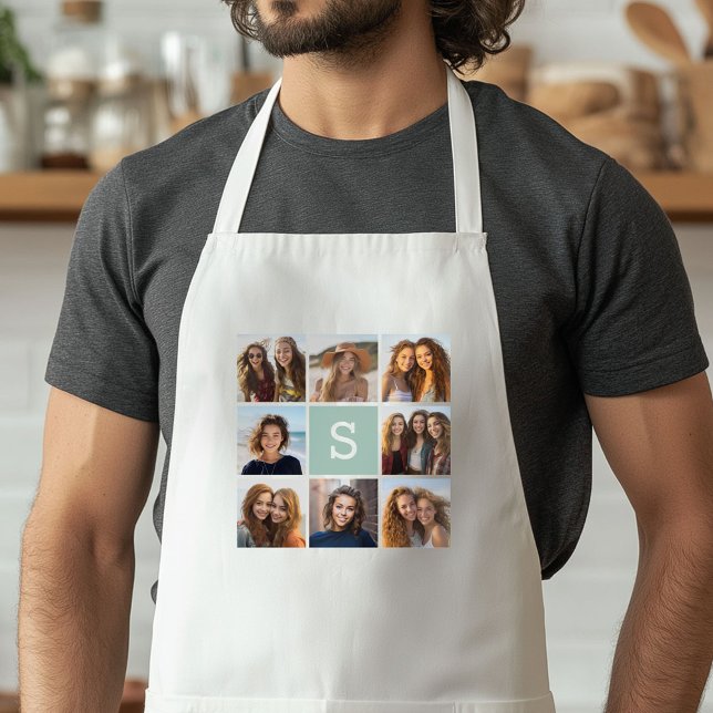 Grönten Monogram Mint för fotokollage Anpassningsb Förkläde (Custom Apron with a Photo Collage)