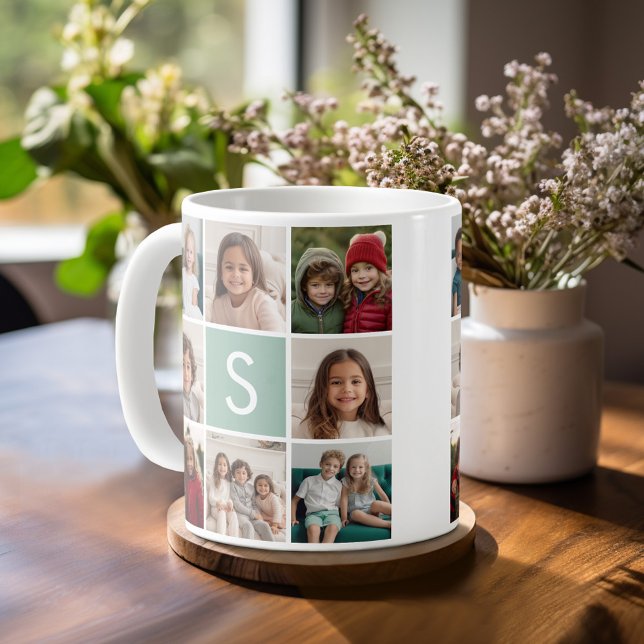 Grönten Monogram Mint för fotokollage Anpassningsb Kaffemugg (Mug template with 8 photos and a Monogram)