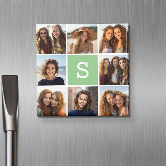 Grönten Monogram Mint för fotokollage Anpassningsb Magnet (Personalized fridge magnet with photos and custom text)