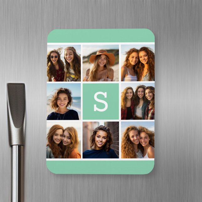 Grönten Monogram Mint för fotokollage Anpassningsb Magnet (Personalized fridge magnet with photos and text)