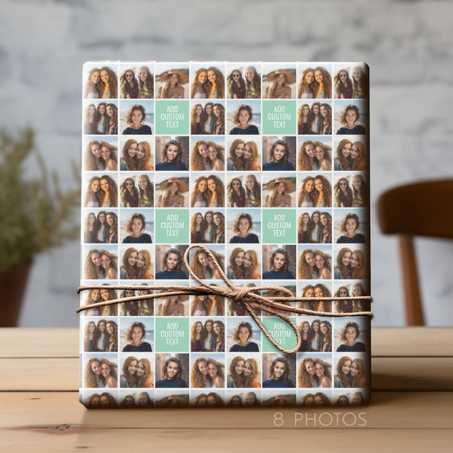 Grönten Monogram Mint för fotokollage Anpassningsb Presentpapper (Custom Photo Wrapping Paper)