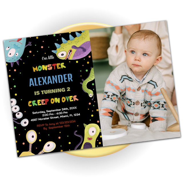 Grönten Monster Birthday Inbjudan, svart foto Inbjudningar (Monster Birthday Invitations Green Black w photo)