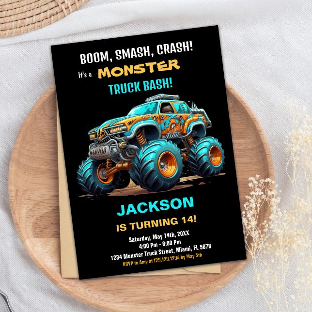 Grönten Monster Lastbil Birthday Inbjudningar - bl (Monster Truck Birthday Invitations Green Blue)