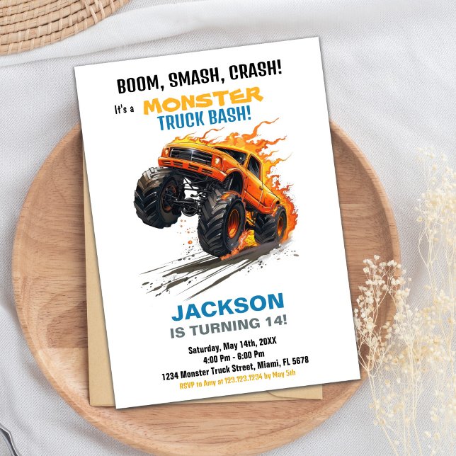 Grönten Monster Lastbil Birthday Inbjudningar - bl (Monster Truck Birthday Invitations Green Blue)