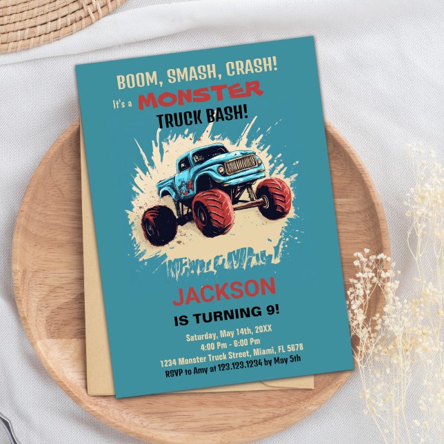 Grönten Monster Lastbil Birthday Investigations Inbjudningar (Monster Truck Birthday Invitations Green)