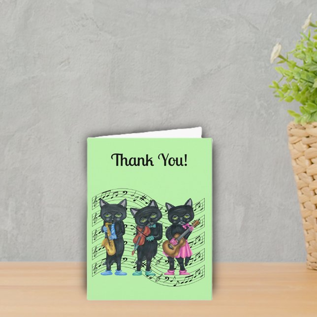 Grönten Musical Svarta katter Musik noter Instrume Tack Kort (Black Cat musicians on sheet music instruments colourful clothes on green Thank You card.)