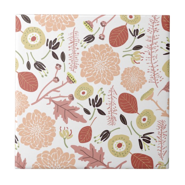Grönten Peach Illustrated Flowers Lövs Kakelplatta (Framsidan)