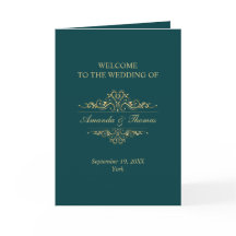 Grönten Petrol snyggt guld ram bröllopsprogrammet