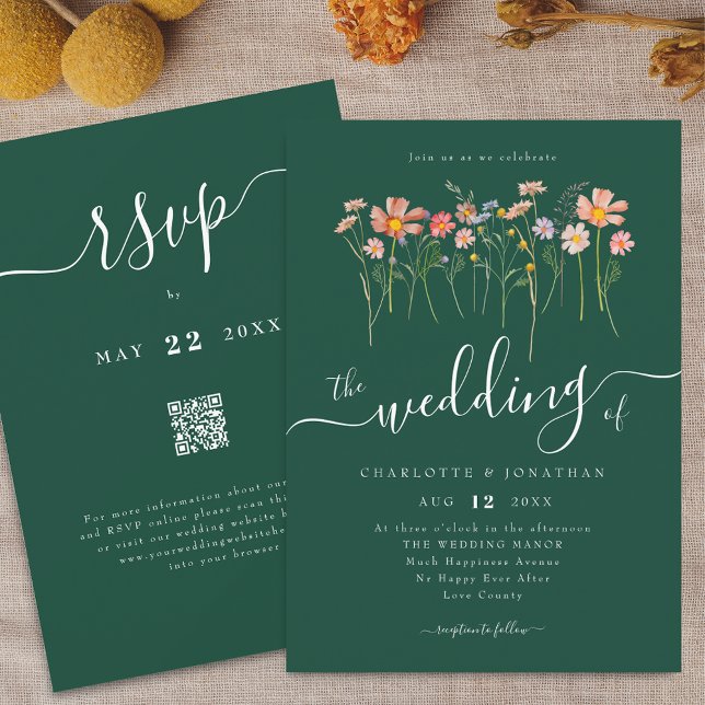 Grönten QR-kod för Elegant av Wildblomsterskript Inbjudningar (Wildflower meadow boho floral green Wedding qr code invitation Elegant script watercolor fall colors)