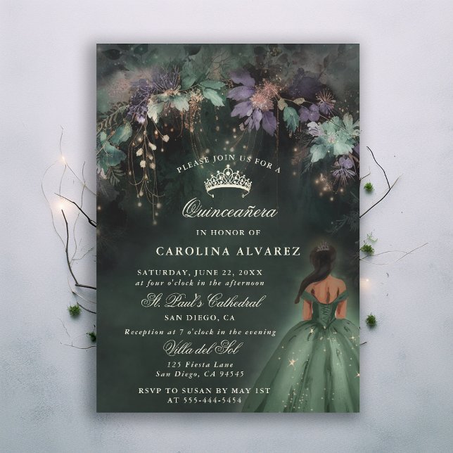 Grönten Quinceanera, förändrad skogsmark Inbjudningar (enchanted forest quinceanera invitation watercolor princess dress dark emerald hunter green woodland)