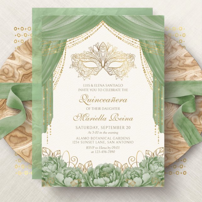 Grönten Quinceanera i masken Modern Sage Inbjudningar (Skapare uppladdad)