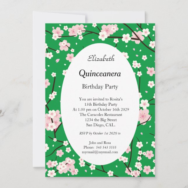 Grönten Quinceanera Ljus rosa Blommar blommor Inbjudningar (Framsida)