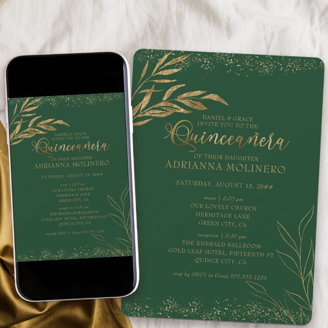 Grönten Quinceanera och Massan Elegant och Guld Lö Inbjudningar (Church ceremony and Quinceanera invitation in emerald green from my Gold Leaf Collection
)