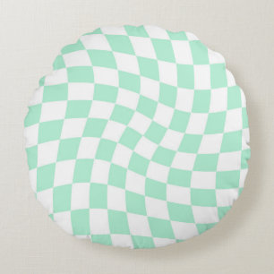 Grönten Retro Pastel Mint Checkes - förvrängd Rund Kudde