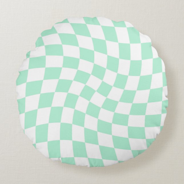 Grönten Retro Pastel Mint Checkes - förvrängd Rund Kudde (Framsidan)