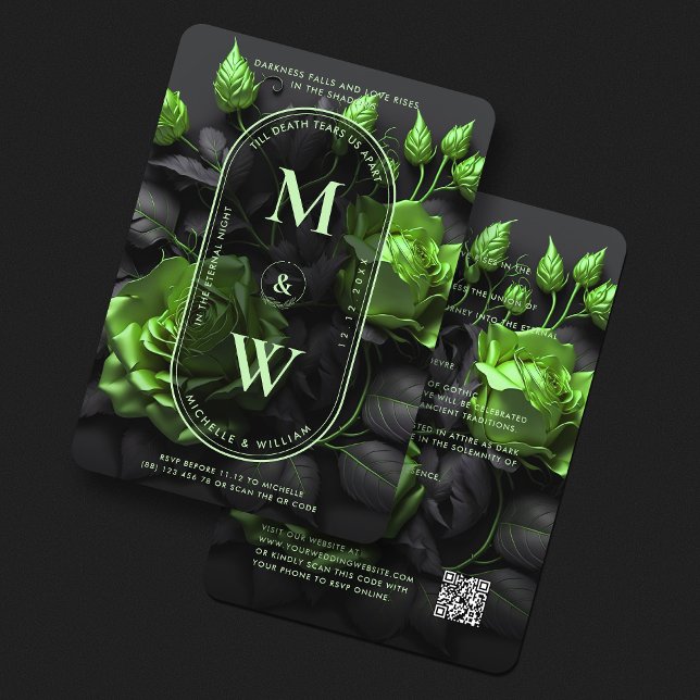 Grönten Ro Modern Bröllop i den gotiska Eleganten  Inbjudningar (Gothic Elegant Floral Green Roses Boho Wedding Invitation
)