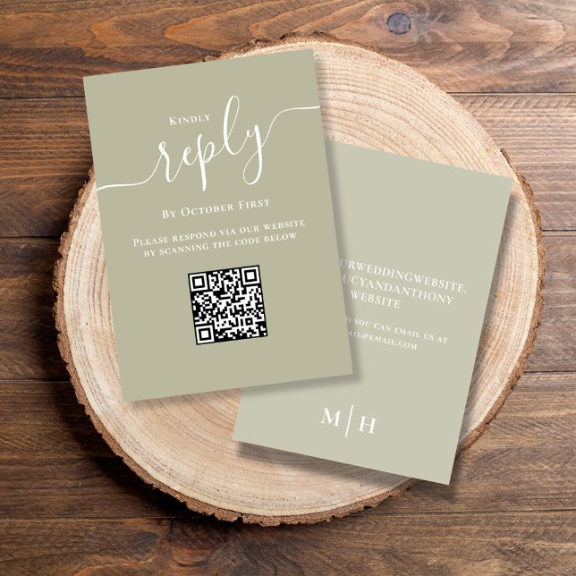 Grönten Sage för Elegant av bröllop OSA QR-kod (Elegant sage green reply response card with a scannable QR code. )