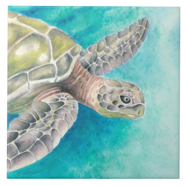 Grönten Sea Turtle Watercolor Kakelplatta (Framsidan)