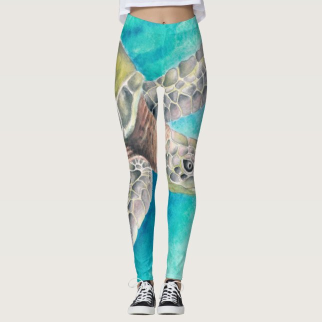 Grönten Sea Turtle Watercolor Leggings (Framsida)