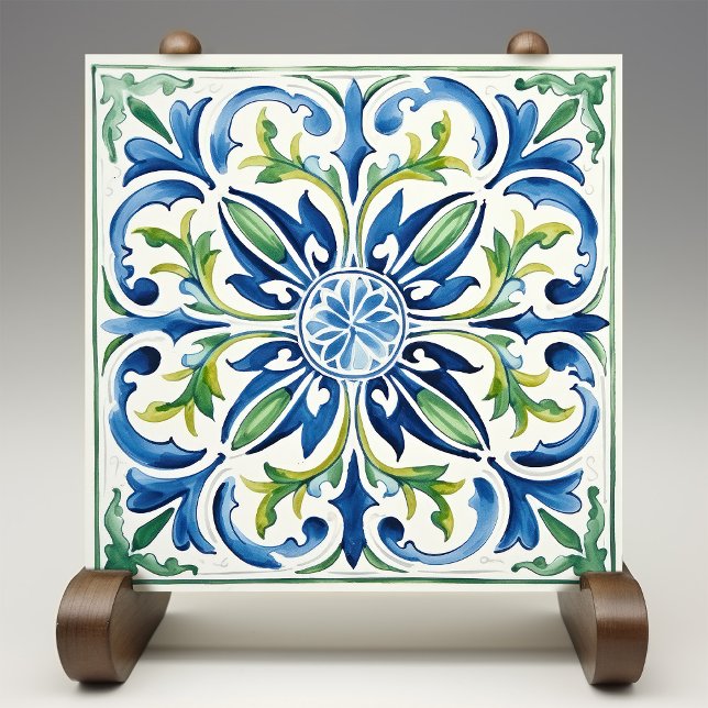 Grönten Sicilian Garden Watercolor Blue Kakelplatta (Skapare uppladdad)