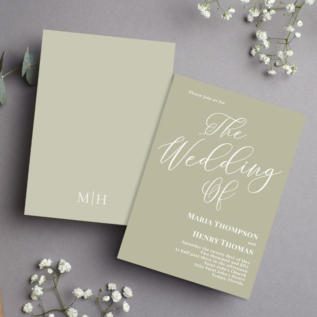 Grönten Simple Calligraphy Script Elegant Sage Inbjudningar (Elegant calligraphy script sage green wedding invitation)