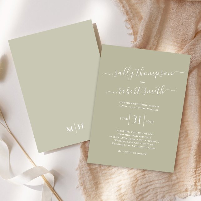 Grönten Simple Elegant Calligraphy Script Sage Inbjudningar (Elegant and simple sage green wedding invitation with stylish script.)