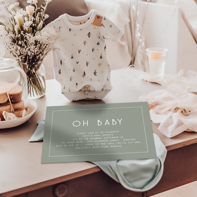 Grönten Simple Line Gräns Sage Oh Baby Shower Inbjudningar (Available digitally and printed)