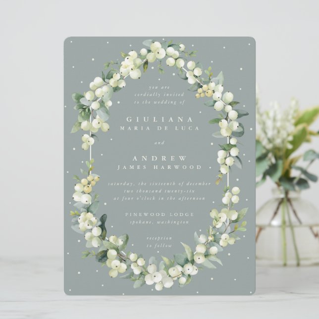 Grönten Snowberry + Eucalyptus Bröllop Inbjudningar (Stående Fram)