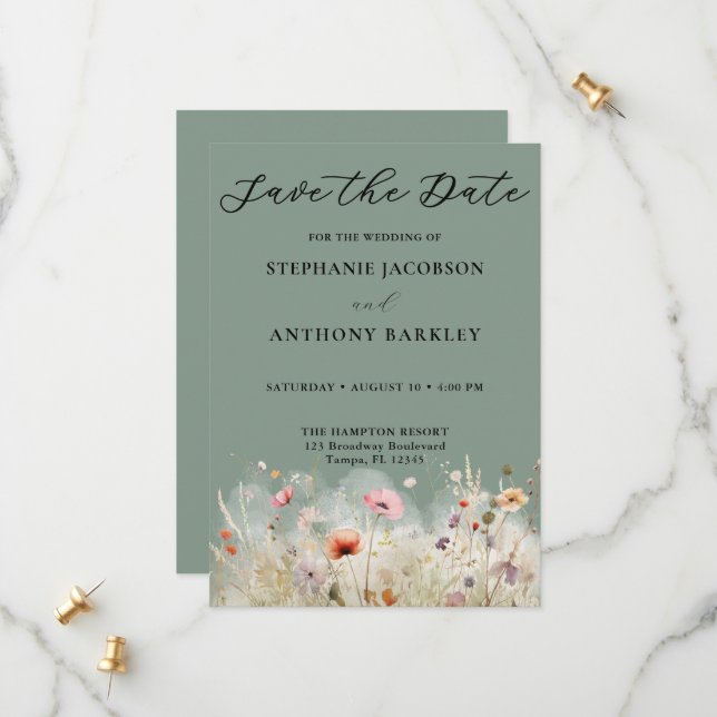 Grönten Spara Bröllop-kortet för jokerblommor Datumet (Fram/Back In Situ)