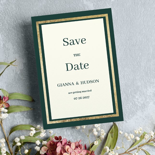 Grönten Spara datum för den minimalistiska elfenbe Inbjudningar (Minimalist ivory gold forest green Save the Date)