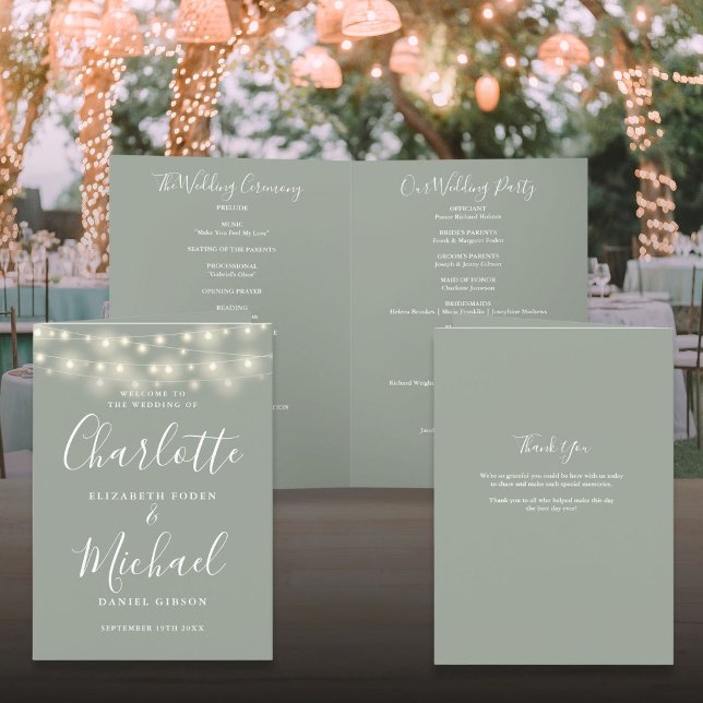 Grönten String Ljus Sage Elegant, skript Bröllop Program (String Lights Sage Green Elegant Script Wedding Program)