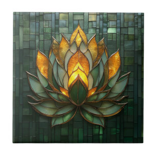 Grönten Tilework Print för Art Deco Guld Lotus Kakelplatta