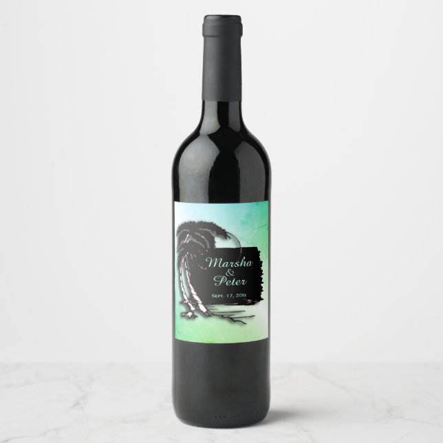 Grönten Tropical Design Tint Namn och Date Vinflaska Etikett (Framsida)
