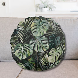 Grönten Tropical Forest Löv Mönster Rund Kudde