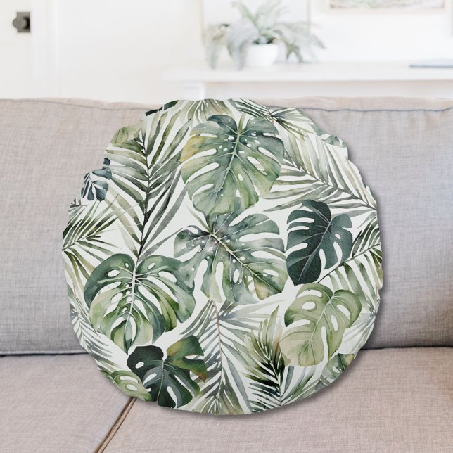 Grönten Tropical Forest Löv Mönster Rund Kudde (In situ)