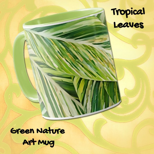 Grönten Tropiska Löv Natur Art Mugg Kopp (Beautiful tropical plant leaves in a watercolor art style on a nice mug.)