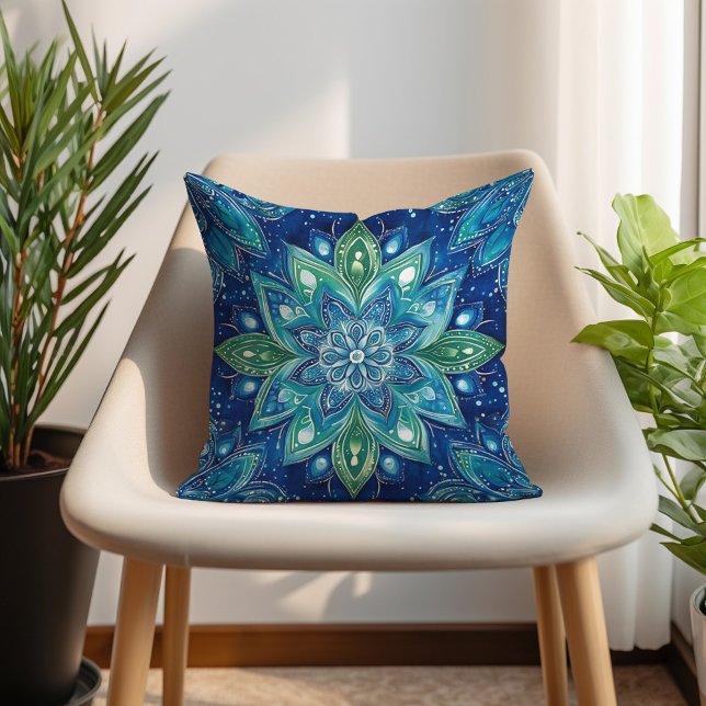 Grönten Turcos Mandela Boho Kudde (Navy Green Turquoise Mandela Boho Throw Pillow)