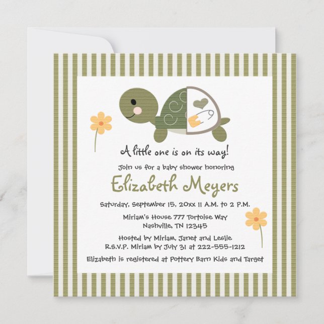 Grönten Turtle in Diaper Baby Shower Inbjudningar (Framsida)