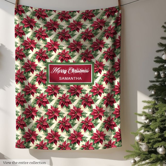 Grönten Vattenfärg Deep Red Poinsettia Sage Med Fleecefilt (Watercolor Deep Red Poinsettia Sage Green Muted Fleece Blanket)