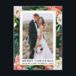 Grönten Vinterfärg Vinterfärg Blommigt Nyligen anv Vykort<br><div class="desc">Elegant Watercolor Winter Blommigt Newlyed Photo God jul Postcard innehåller vackra rödpoinsettias,  botaniskt grönämne,  vintern bladverk,  hullbär och vit ros. Guld Ram.</div>
