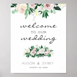 Grönten Watercolor Blommigt Välkommen Bröllop Poster