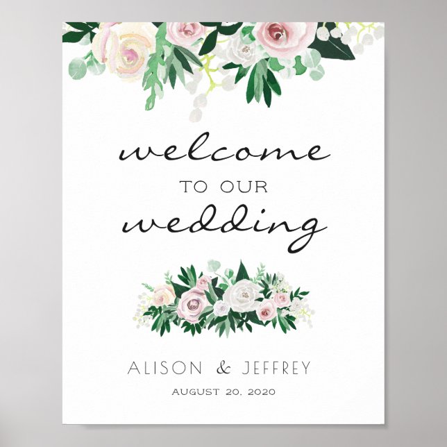 Grönten Watercolor Blommigt Välkommen Bröllop Poster (Framsidan)