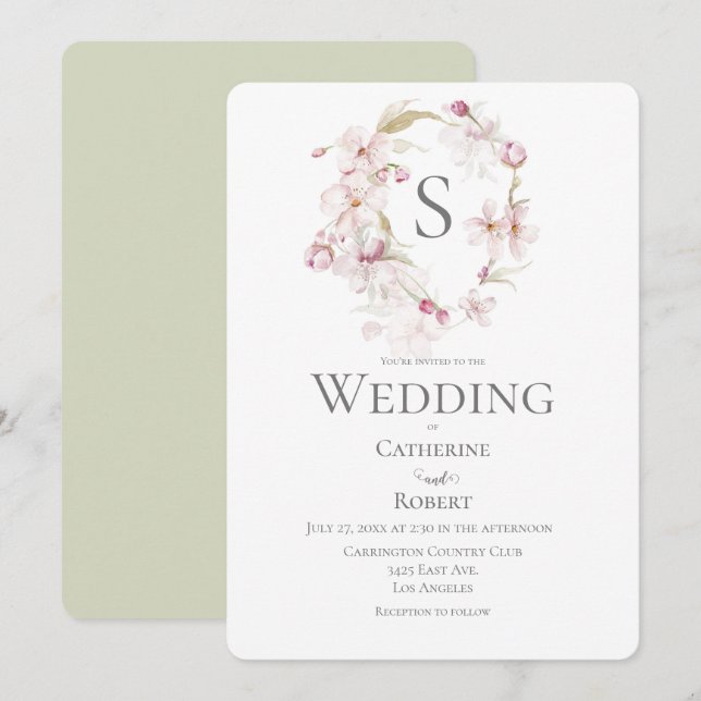 Grönten Watercolor Bröllop i Monogram Blommigt  Inbjudningar (Fram/baksida)