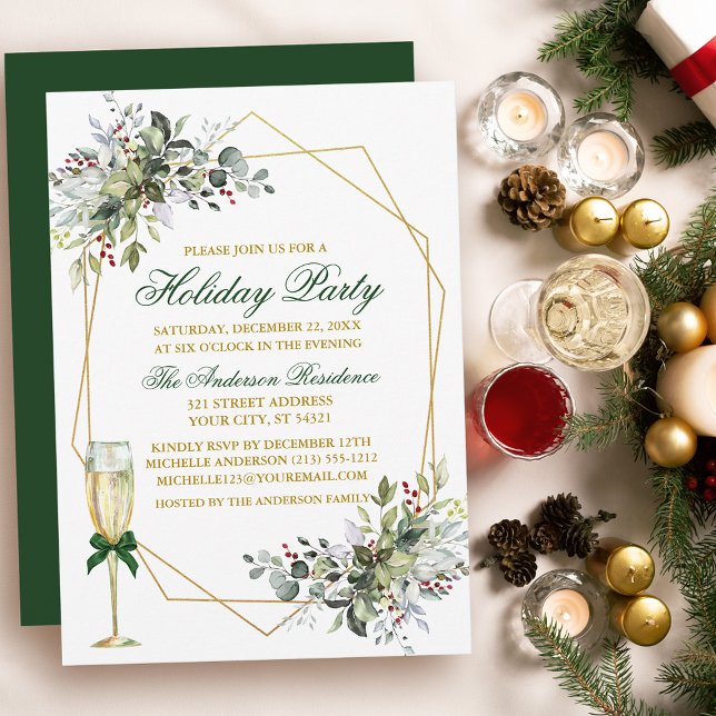 Grönten Watercolor Greenery Berries Helgdag Guld Inbjudningar (Customize to change text color, size, style or to change color of back of card.)