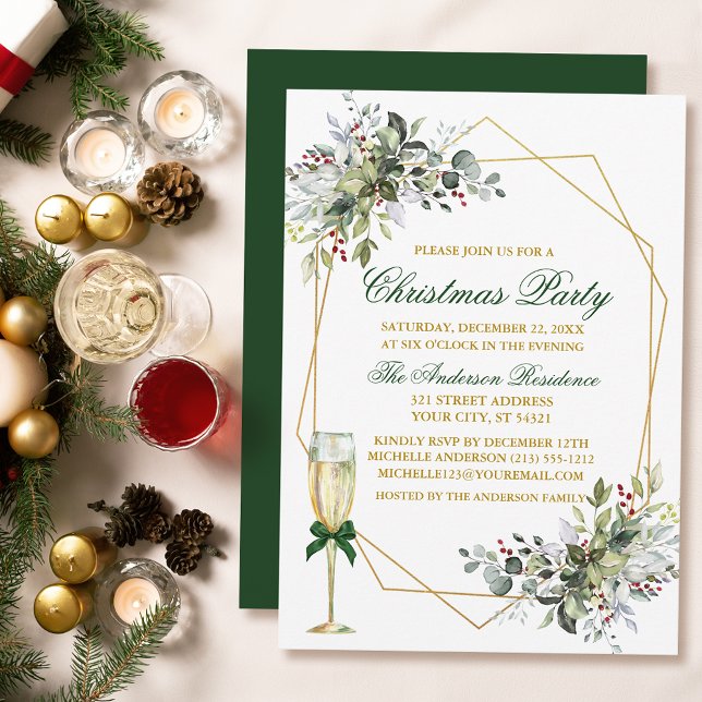 Grönten Watercolor Greenery Berries jul Guld Inbjudningar (Customize to change text color, size, style or to change color of back of card.)