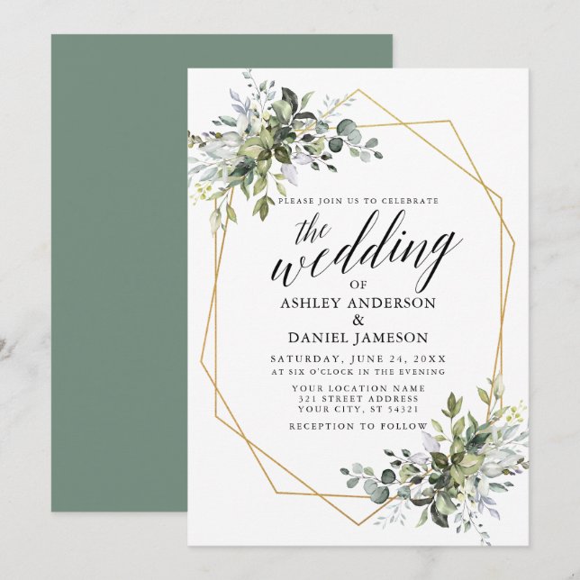 Grönten Watercolor Greenery Calligraphy Geo Sage Inbjudningar (Fram/baksida)