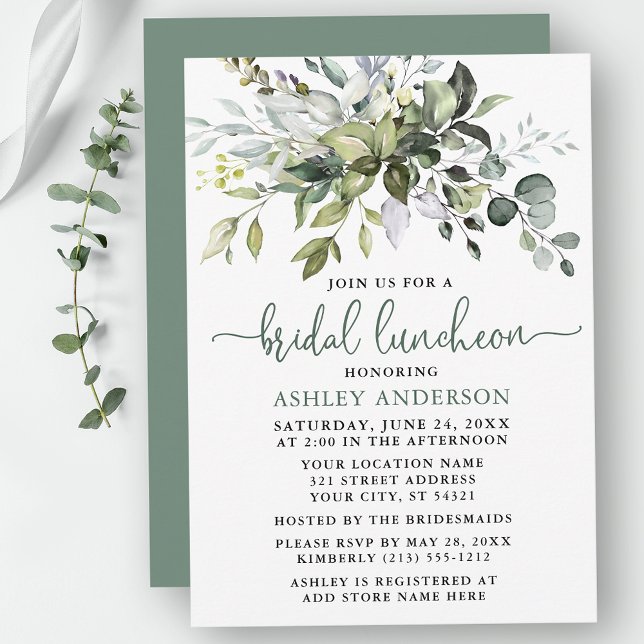 Grönten Watercolor Greenery Möhippa Luncheon Sage Inbjudningar (Customize to change your personalized text color, text style or color of back of card.)