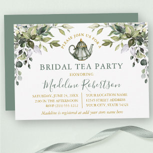 Grönten Watercolor Greenery Möhippa Tea Party Sage Inbjudningar