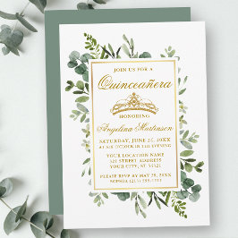Grönten Watercolor Greenery Quinceanera Guld Sage Inbjudningar