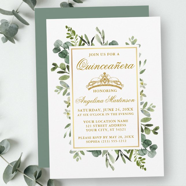 Grönten Watercolor Greenery Quinceanera Guld Sage Inbjudningar (Customize to change text color, style, add text & photos to back or change color of back of card.)